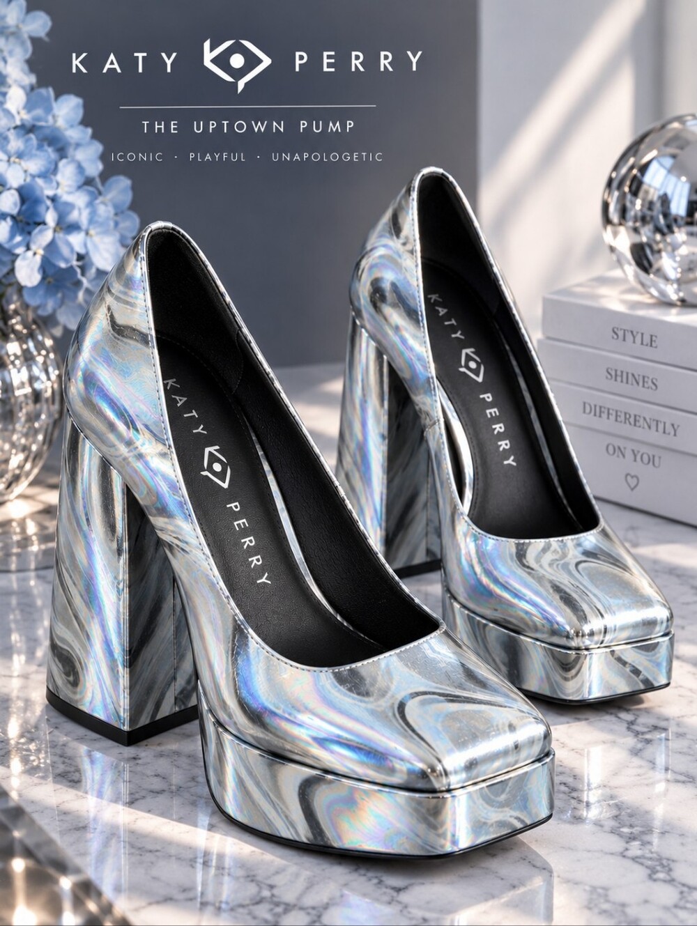 Katy Perry Uptown Pump Platform Heels in Marble Gray/ Silver Size 7.5